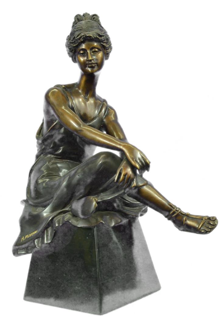 Vintage Seductive Lady Bronze Sculpture: She Is An ArtistS Muse. She Poses For A Painting, Sitting Before His Easel. She Is Perched On A Sheet, Which Is Spread Across A Bench. She Hikes A Knee Up And Gently Cradles It Under Her Arm. Her Long