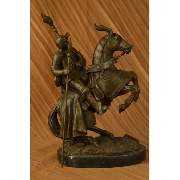 Bold Knight on Horse Bronze Sculpture on Marble Base: The bold knight, in full plated armor, bolts forward, as he holds onto his valiant stead as it bucks up onto its hind legs. his horse, in full armor as well, takes the rider through field of a battle.