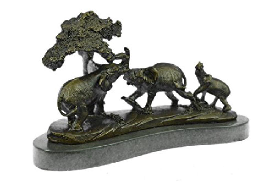 African Safari Elephant Bronze Statue on marble base: The Mother And Calf Pair Have Been Trekking The Dry African Plains For Days And Days In A Monumental Migration To Reach A Waterhole. With Raised Trunks, They Trumpet Their Greeting Of Rejoice That Car