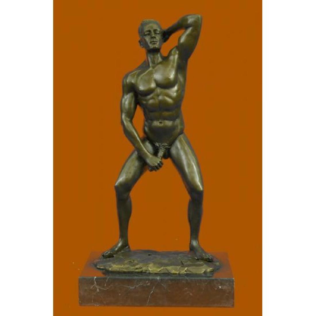 SIGNED MAVCHI CONFIDENT NUDE GAY MAN BRONZE SCULPTURE: He boldly stands in the buff with a look of fearless determination. This proud gay man exposes his manly erection, proving he knows no shame. Just one example of his gorgeous body. He is lean and musc
