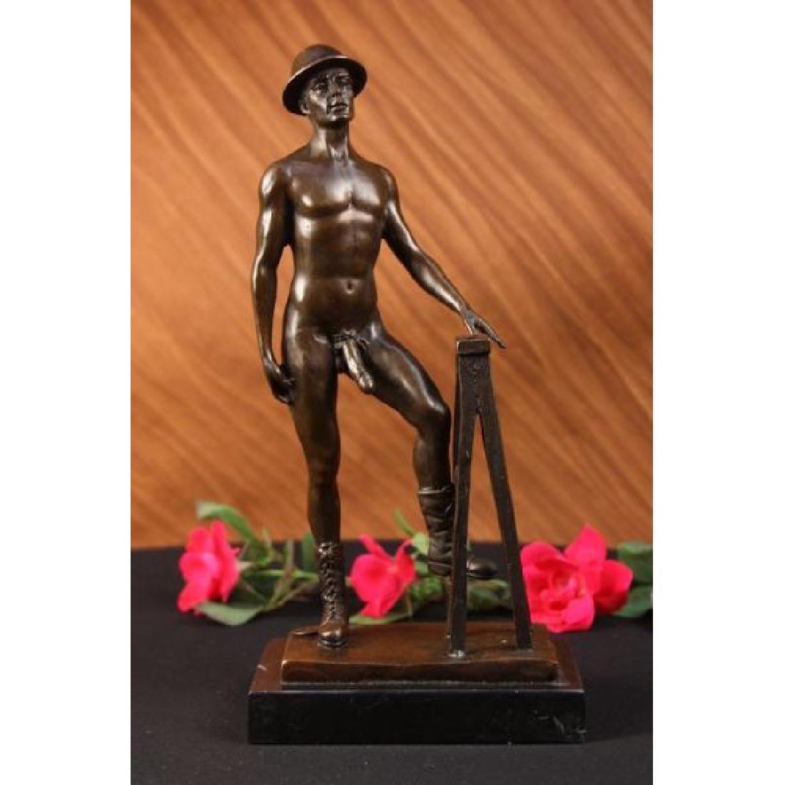SIGNED BRONZE STATUE NUDE MALE GAY ART SCULPTURE DECO: symbol of masculinity and confidence, this construction worker is not shy about his body as he works in the buff. He shows off all of his assets, wearing nothing but his workman boots. He comes to res