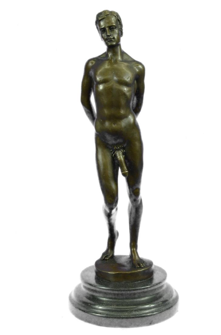 Nude Male Statue Man Sculpture Gay Art Bronze Statues: He boldly stands in the buff with a look of fearless determination.This proud gay man exposes his manly erection, proving he knows no shame. Just one example of his gorgeous body. He is lean and muscu