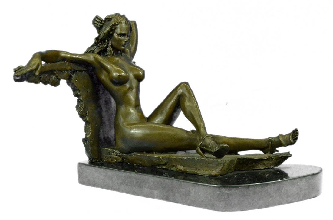 Nude Temptress Woman Bronze Sculpture on Marble Base: With style, grace and ease she leans back while she is laying seductively on a bench, thinking about her lover and touching her hair seductively while tilting her head in a suggestive manner. This sul