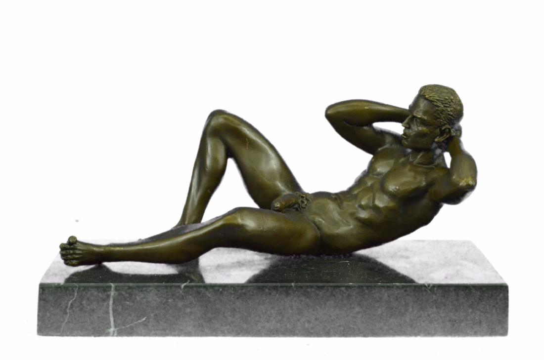 Nude Gay Bronze Sculpture on Marble Base Statue Art: He stares back at you seductively. He lays casually on the bed,exposing his amazing body. His intense eyes dare you to touch him. This proud gay man stretches his muscular arms behind his head and pos