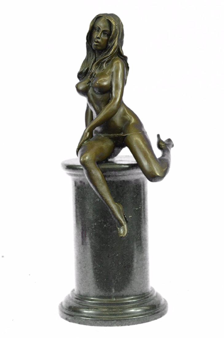 Nude Girl Bronze Sculpture on Marble Base Figurine: This pose of a peaceful girl sitting with downcast eyes captures the true rebirth of the innocence age. The artist was able to depict elegant nudity that even supersedes the renaissance time. Sitting 