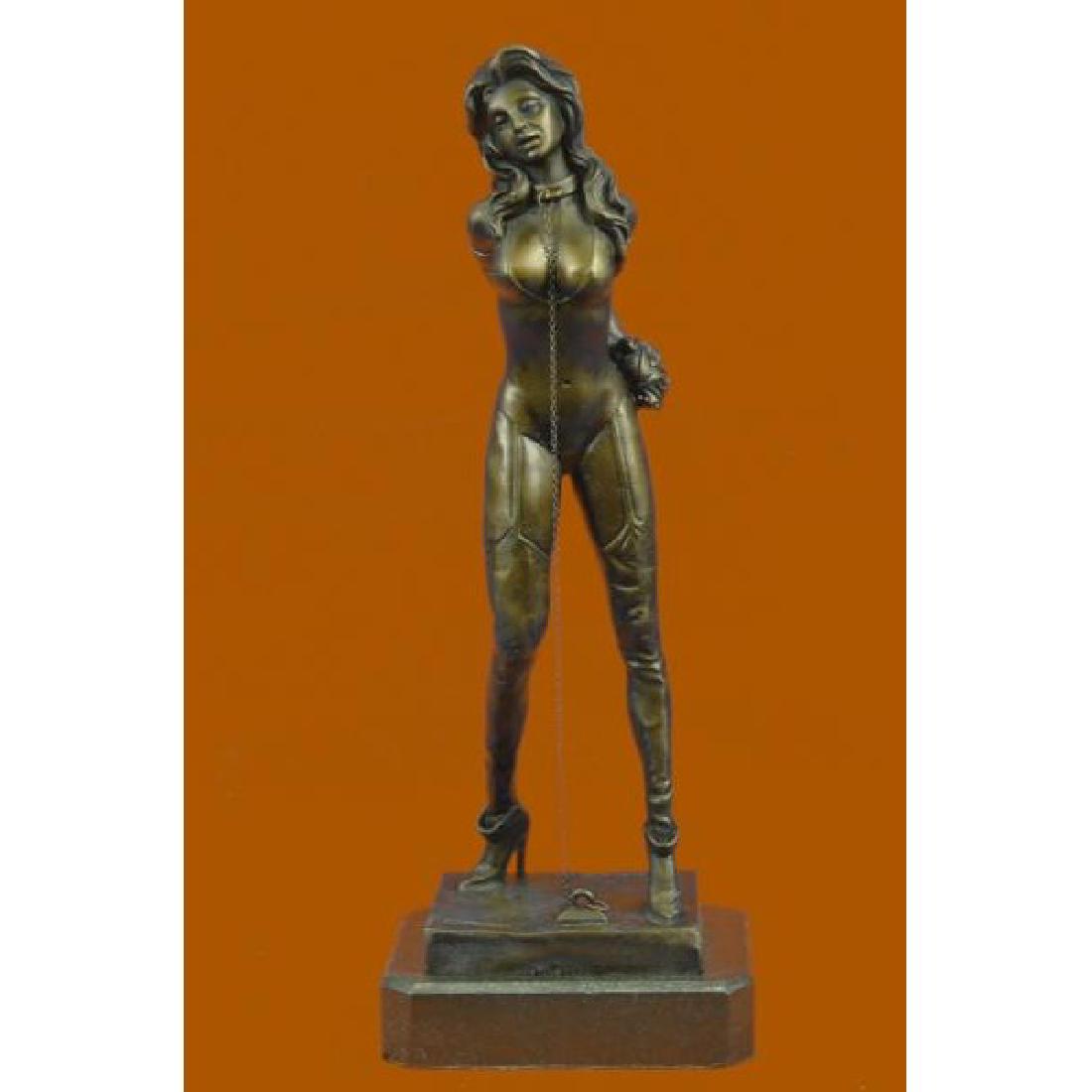 Erotic Art Bondage Woman Tied up With Chain Bronze: The Erotic and playful sculpture is unique and rare to find. She stand in lingerie and thigh high hooker boots, her neck is tied to a chain that connect to the ground. The kinky game she plays has her