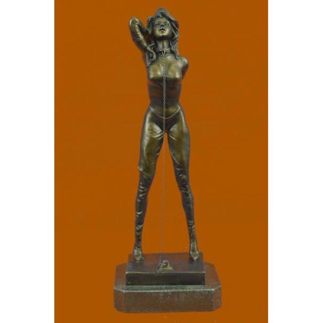 Erotic Sexy Bondage Girl Chastity Bronze Sculpture: The Erotic and playful sculpture is unique and rare to find. She stand in lingerie and thigh high hooker boots, her neck is tied to a chain that connect to the ground. The kinky game she plays has her