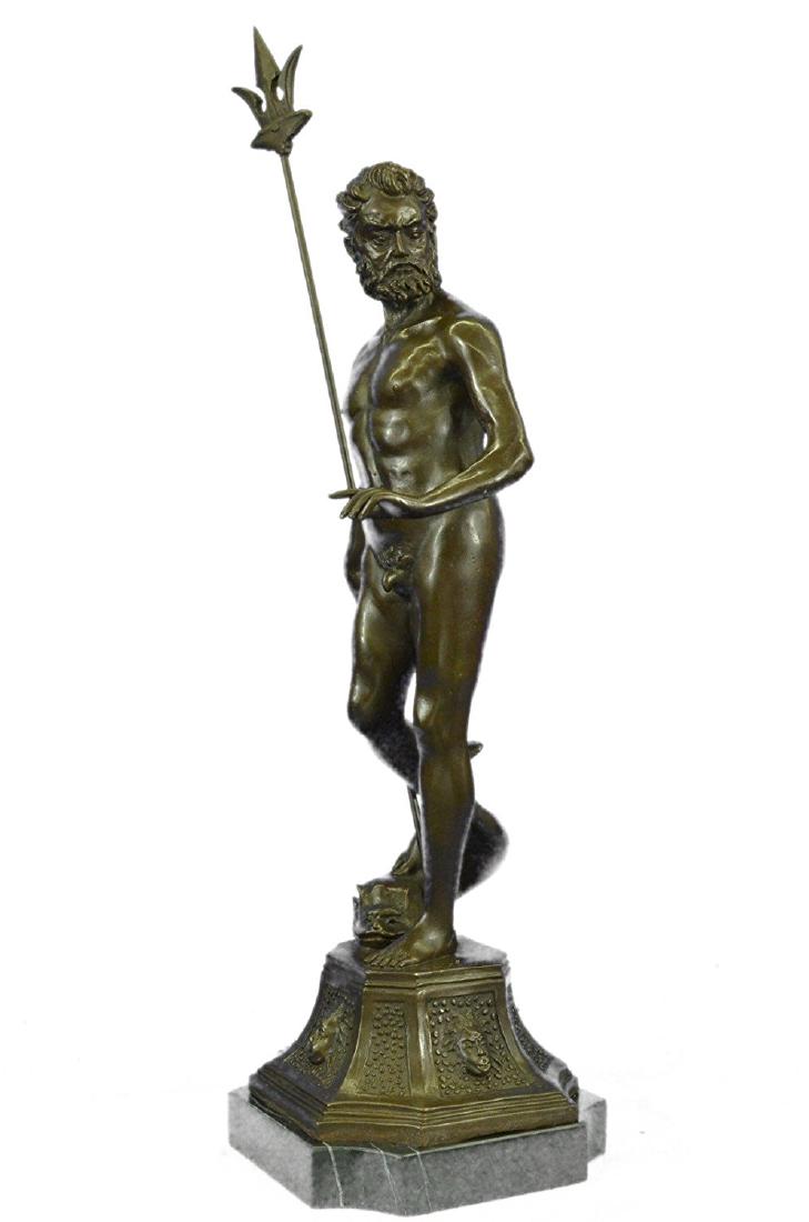 Atlantis Neptune Sea Greek God Marine Ocean Bronze: Poseidon, the Greek deity, controller of ocean and seas, is found standing upright on top of a dolphin. The nude beauty stands up tall, watching the waves, in place of handle watching the fury and the