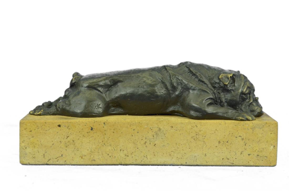 Sweet Little Bulldog Bronze Sculpture: This adorable Bronze Sculpture shows the sweetest little bulldog lying on his belly sprawled out on the marble. With the cutest and very lifelike facial features this Bronze is sure to add a touch of