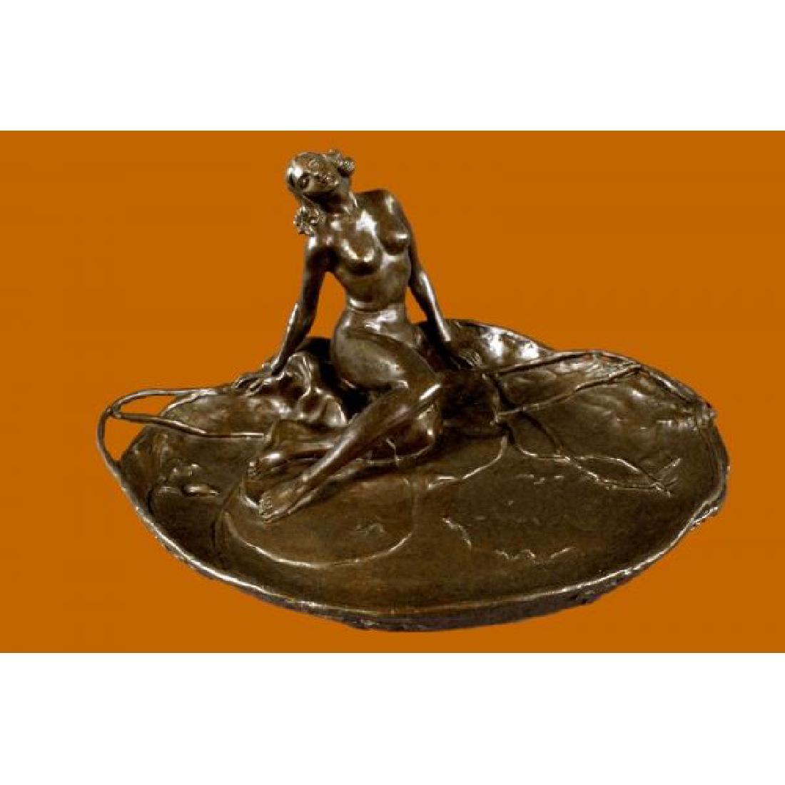 Nude Naked Nymph Jewelry Holder Bronze Sculpture: This beautiful Sculpture can be used as a dish or Jewelry tray . Cast in high quality Bronze. Anyone who knows and appreciates Bronze Sculpture will recognize the very special patina work on this piec
