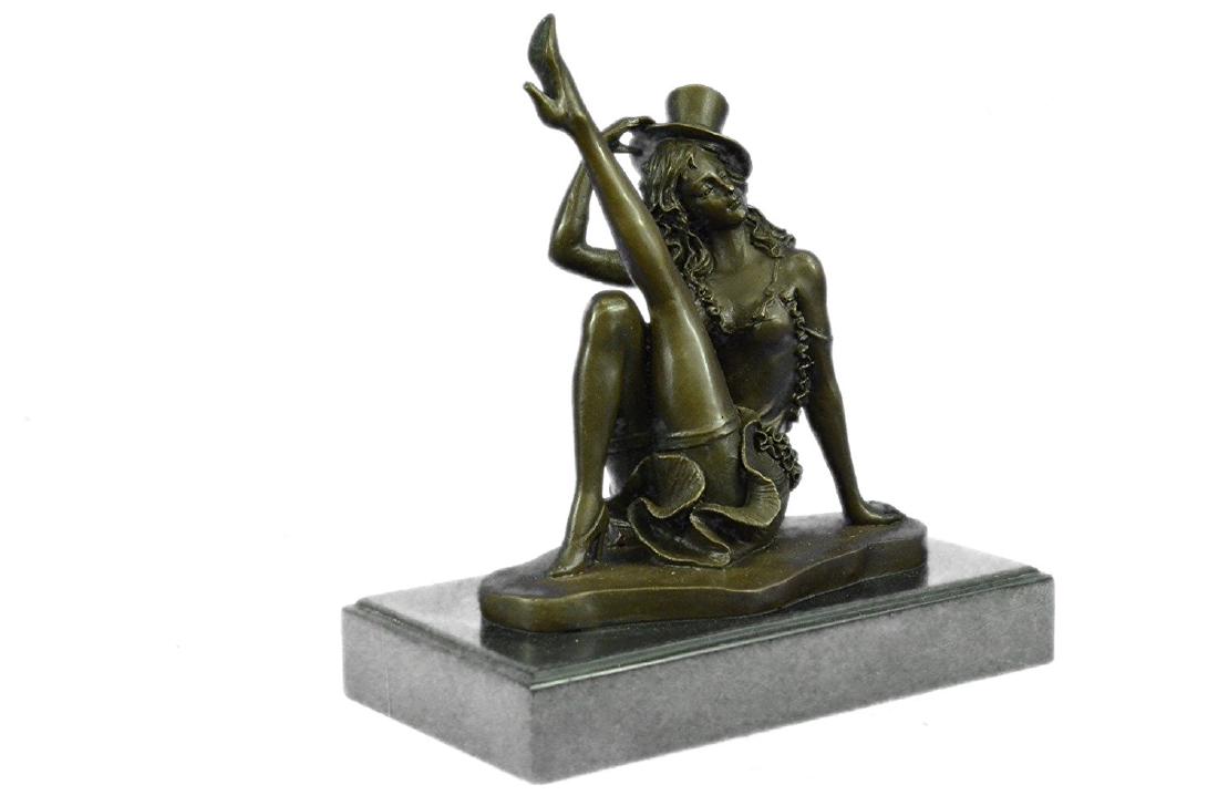 Sexy Burlesque Dancer Bronze Sculpture: This sultry lil burlesque dancer knows all the right moves and is all about putting on a little tempting show for the boys. With style, grace and confidence she kicks up her long lanky leg and tips he