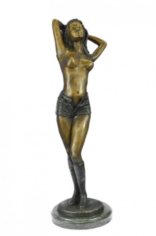 Nude Sexy Temptress Bronze Statue: This is a sexy sculpture of a woman standing and barley clothed. She gets home after a long day, she is wearing boots and short jean shorts. She removes her shirt and unbuttons her shorts as she stand