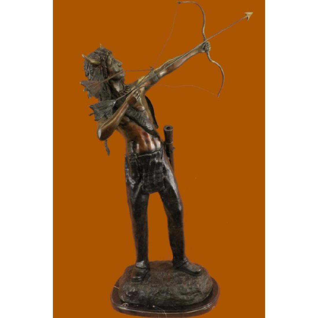 Native American Indian Chief with Bow and Arrow Bronze: This beautiful statue depicts a Sioux Indian shooting an arrow into the air. The Sioux are remembered for their battle with General Custer at Little Big Horn. The Indian warrior is intricately detaile