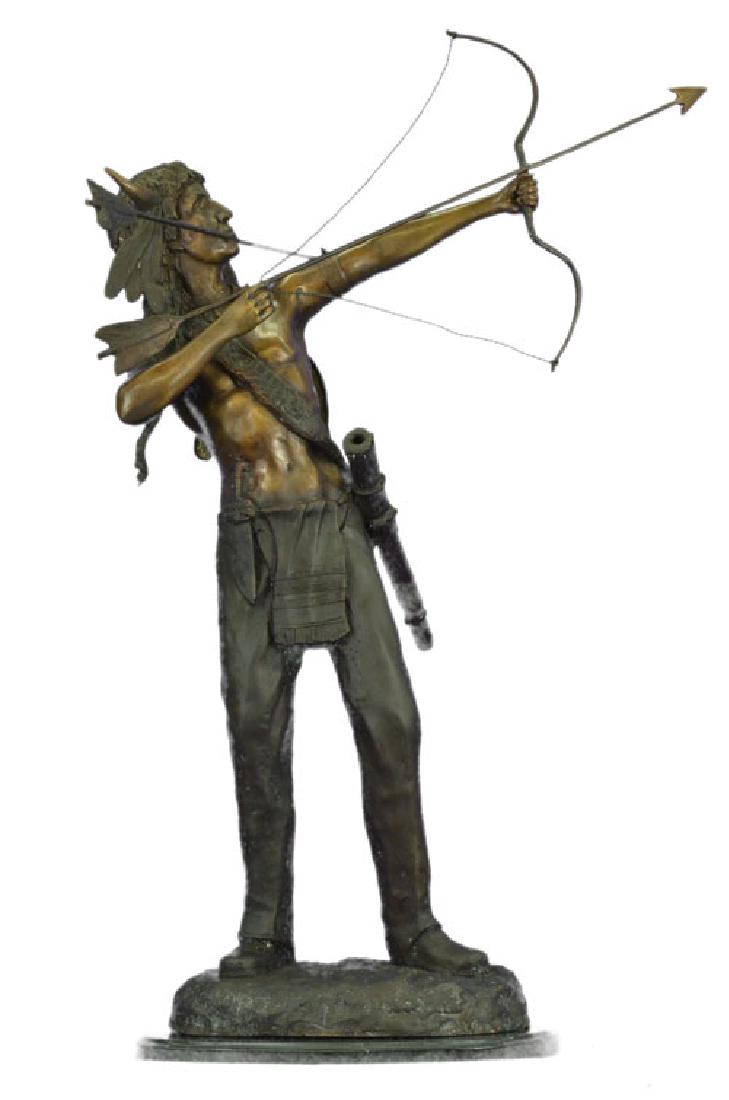 Native American Indian Chief with Bow and Arrow Bronze: This beautiful statue depicts a Sioux Indian shooting an arrow into the air. The Sioux are remembered for their battle with General Custer at Little Big Horn. The Indian warrior is intricately detaile