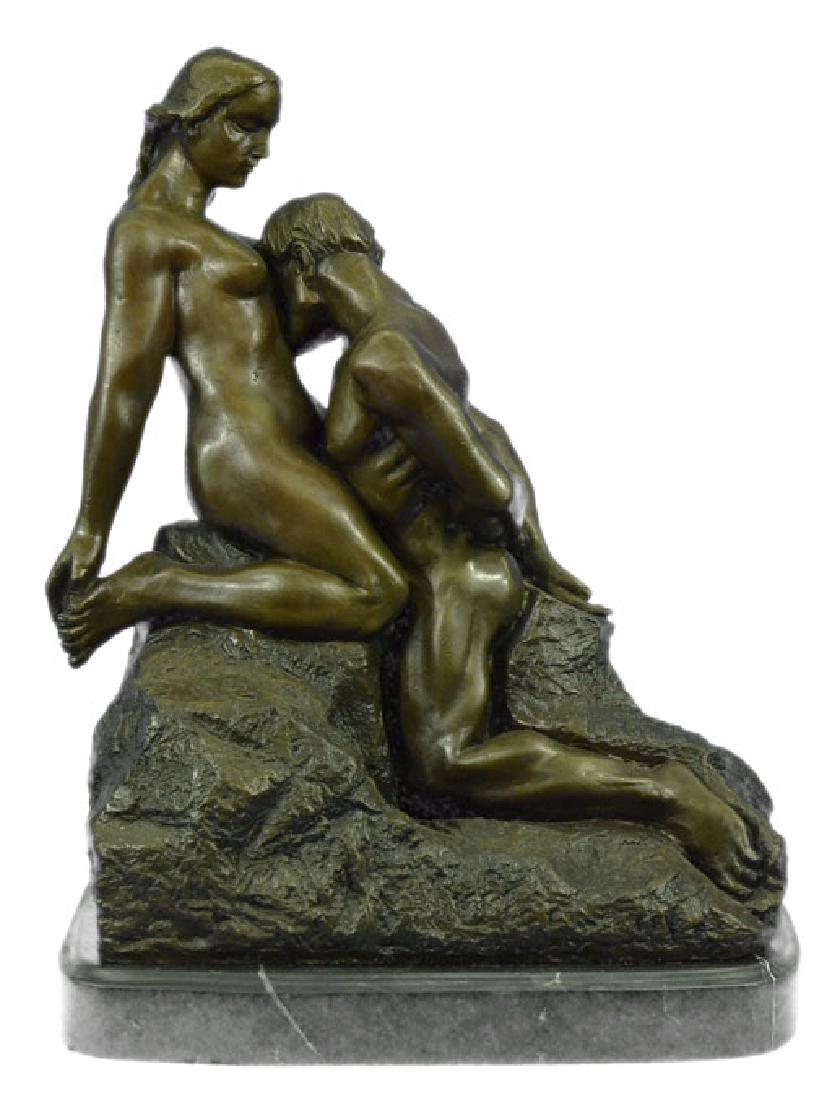 Nude Couple Eternal Idol Bronze Sculpture: This Bronze Sculpture was cast using the ancient method of lost wax casting and stained with a brown patina finish for perpetuation and is mounted upon a marble base. Bronze Dimensions with Marble Bas