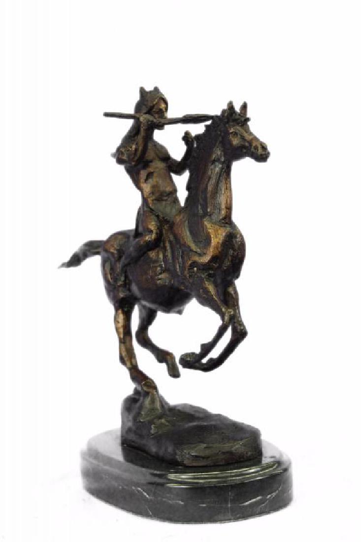 Frederic Remington Indian Warrior Chief on Horse Bronze: This is a very interesting sculpture of a Native American chief. He sits on his trusted horse and wanders the land, holding a gun and prepared for any potential threats. He has triumphed over many dif