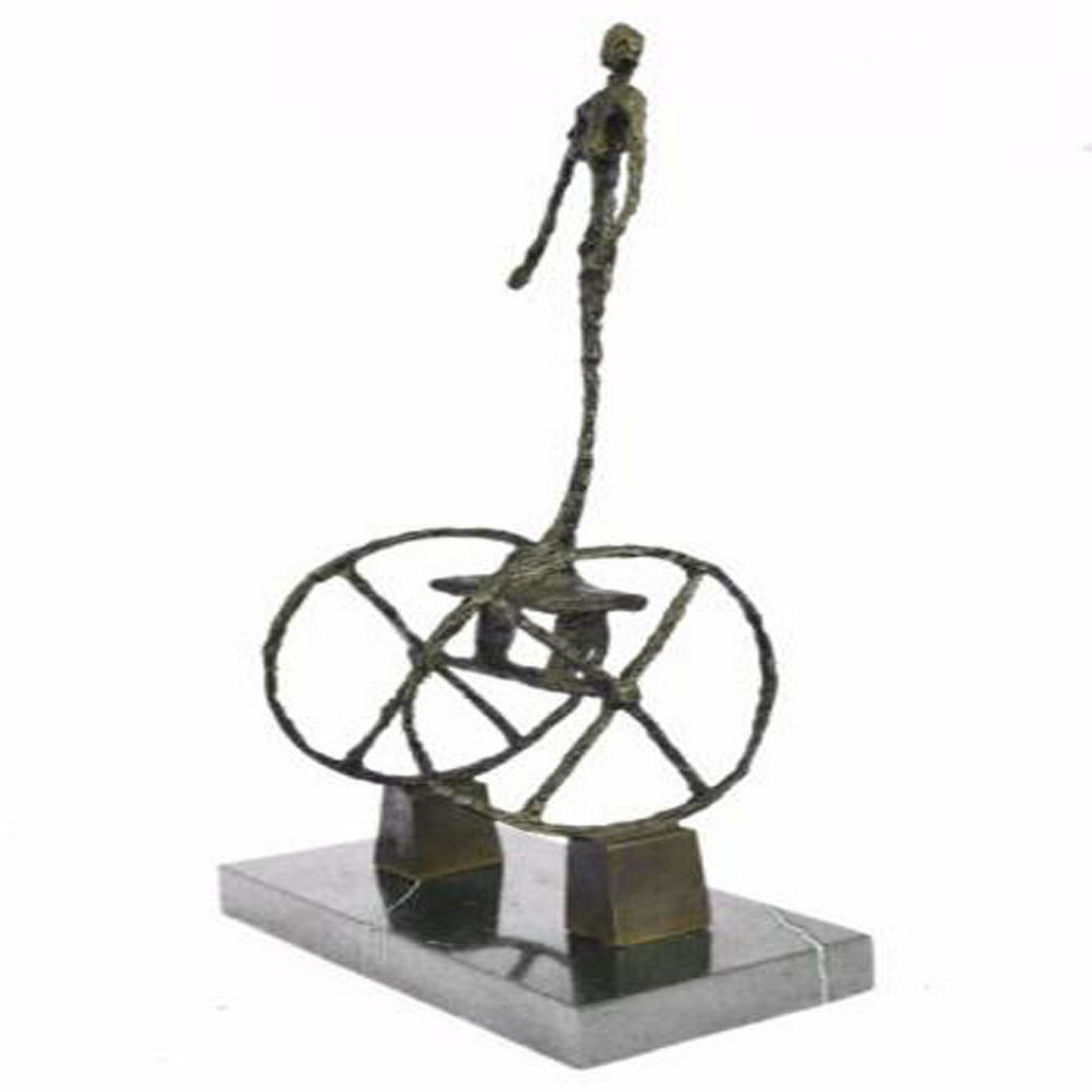 Le Chariot Carts Hot Cast Bronze Sculpture: Rising above two high wheels recalling those of an ancient Egyptian chariot, a filament thin woman stands poised in precarious equilibrium, as if perpetually suspended between movement and stasis, adv