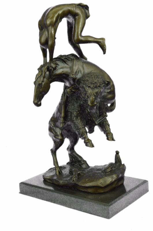 Buffalo and Horse Bronze Sculpture: This Bronze abstract representation shows the early taming of the horse and buffalo. It shows the man in a primitive purity on top of the tangled mess symbolizing his dominance over both by riding the