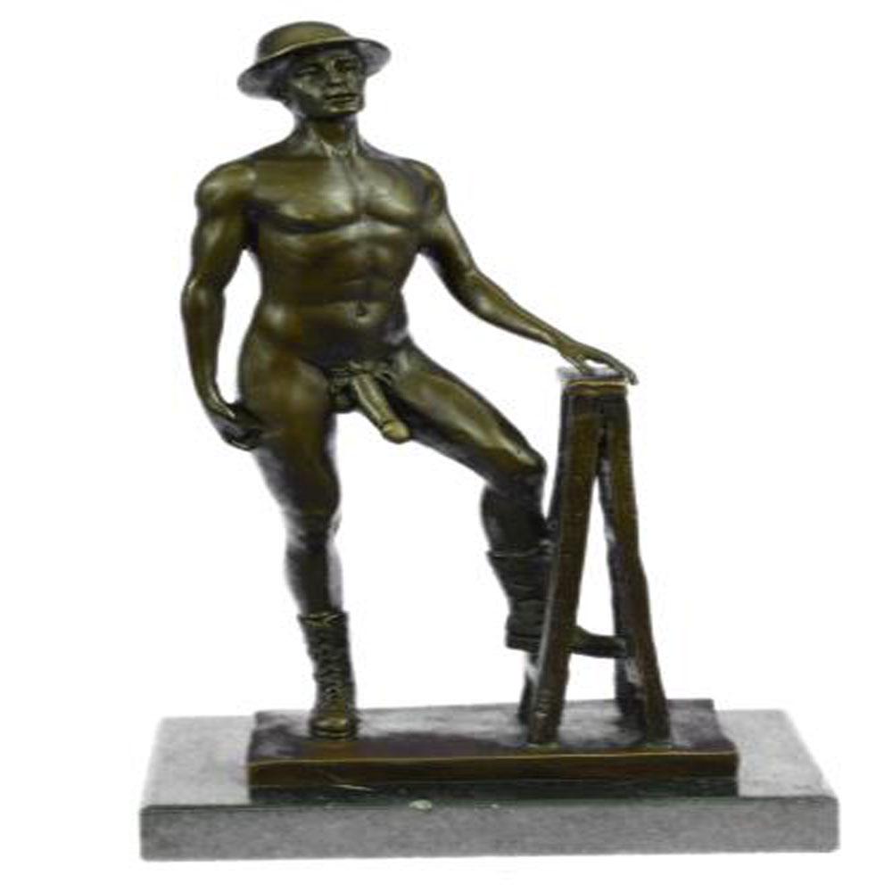 Nude Male Gay Art Bronze Sculpture: Symbol of masculinity and confidence, this construction worker is not shy about his body as he works in the buff. He shows off all of his assets, wearing nothing but his workman boots. He comes to res