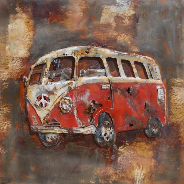 3D Vintage Car Oil Painting on Metal Canvas Wall Mount Metal Art: 3D Metal Art Each piece involves complex craftsmanship, cutting, modeling, welding, aging treatment, anti-rust treatment, coloring and matte surface treatment, etc. Measures: 32 X 32 inches.