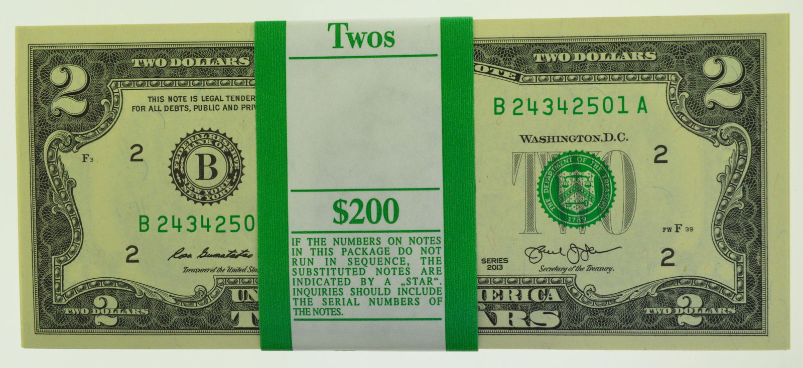 2013 Series $2 Bills in Sequence (B) $200 Pack of New Gem CU (1 of 3)