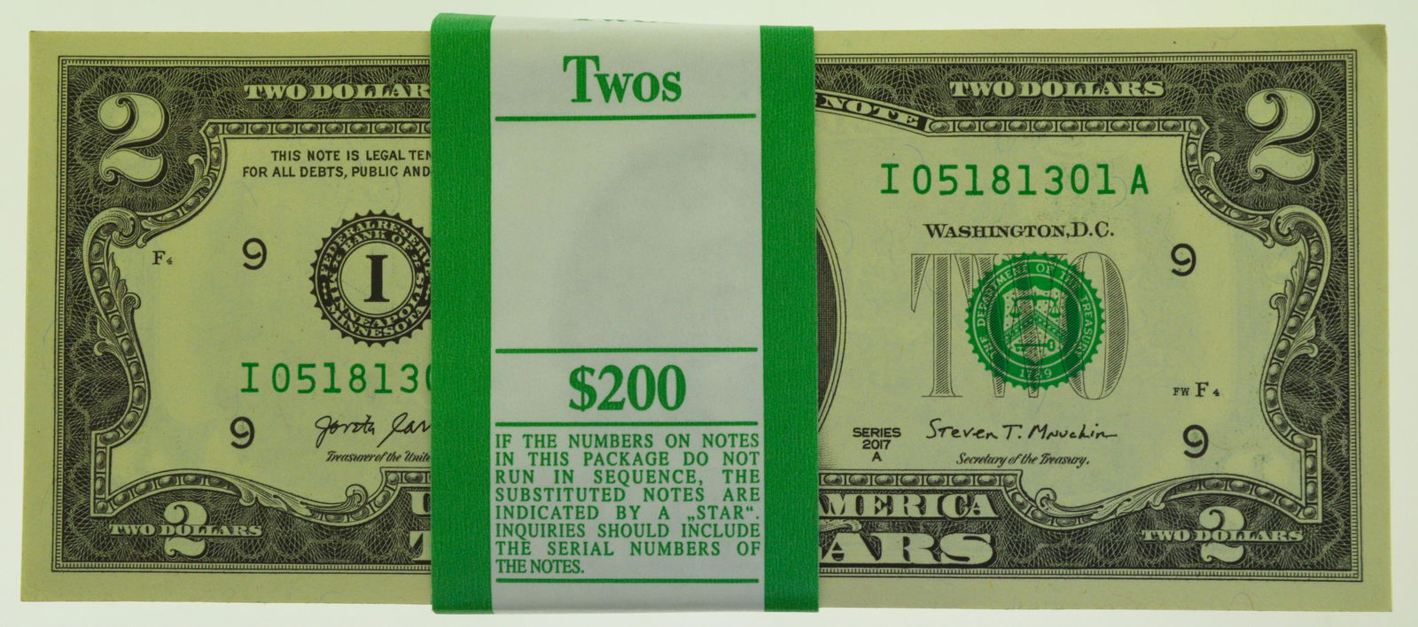 2017-A Series $2 Bills in Sequence (L) $200 Pack of New Gem CU (1 of 2)