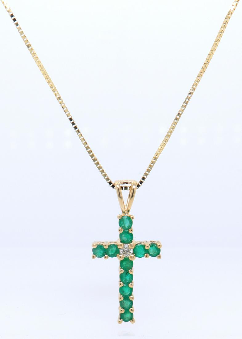 Stunning Yellow Gold Emerald and Diamond Cross Pendant on Chain (1 of 5)