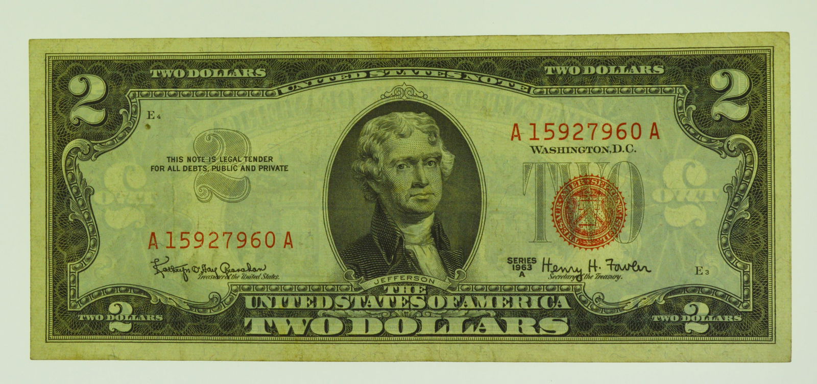 1963-A $2 Two Dollar Red Seal Jefferson Bank Note US Bill: 1963-A $2 Two Dollar Red Seal Jefferson Bank Note US Bill.