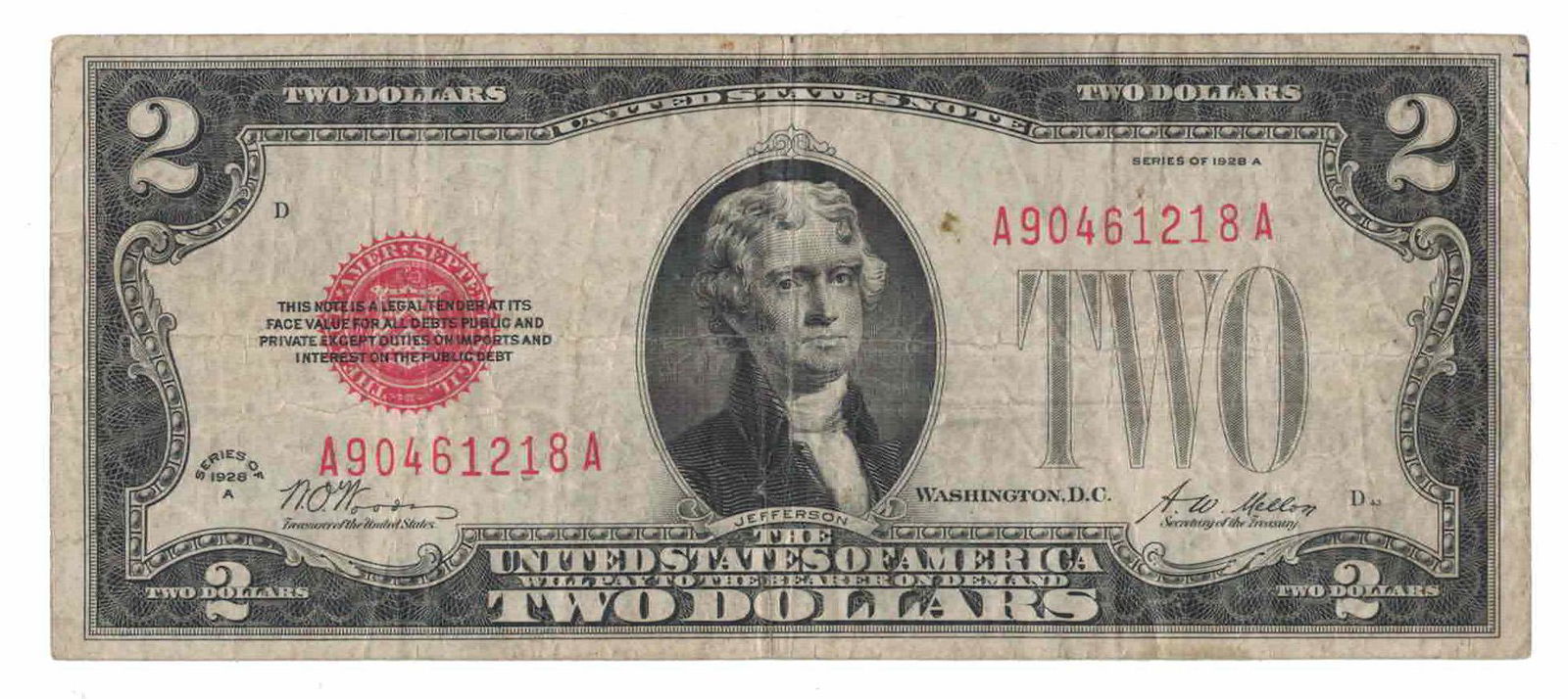 1928-A $2 Two Dollar Red Seal Jefferson Bank Note US Bill: 1928-A $2 Two Dollar Red Seal Jefferson Bank Note US Bill.