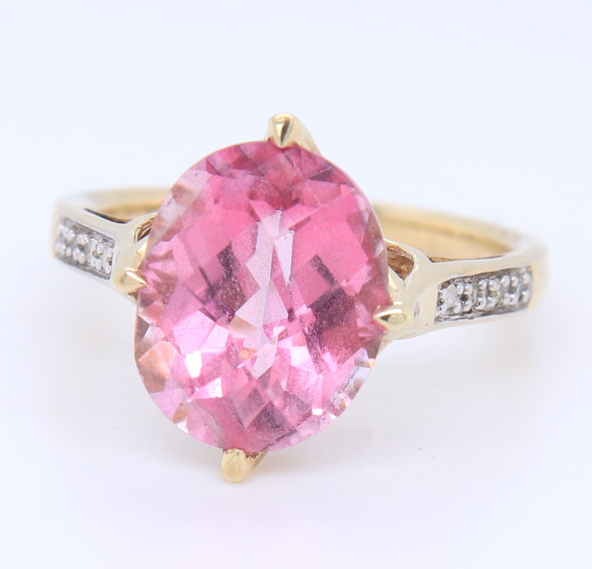 Fantastic Yellow Gold Pink Topaz Ring with Diamond aacents (1 of 4)