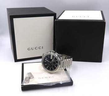 Gucci G Chronograph Watch: Gucci G Chronograph 44mm Stainless Steel 8 inches Watch. Comes with Gucci Box. Booklet and Extra Link. Total weight of Watch 176.20 Grams.