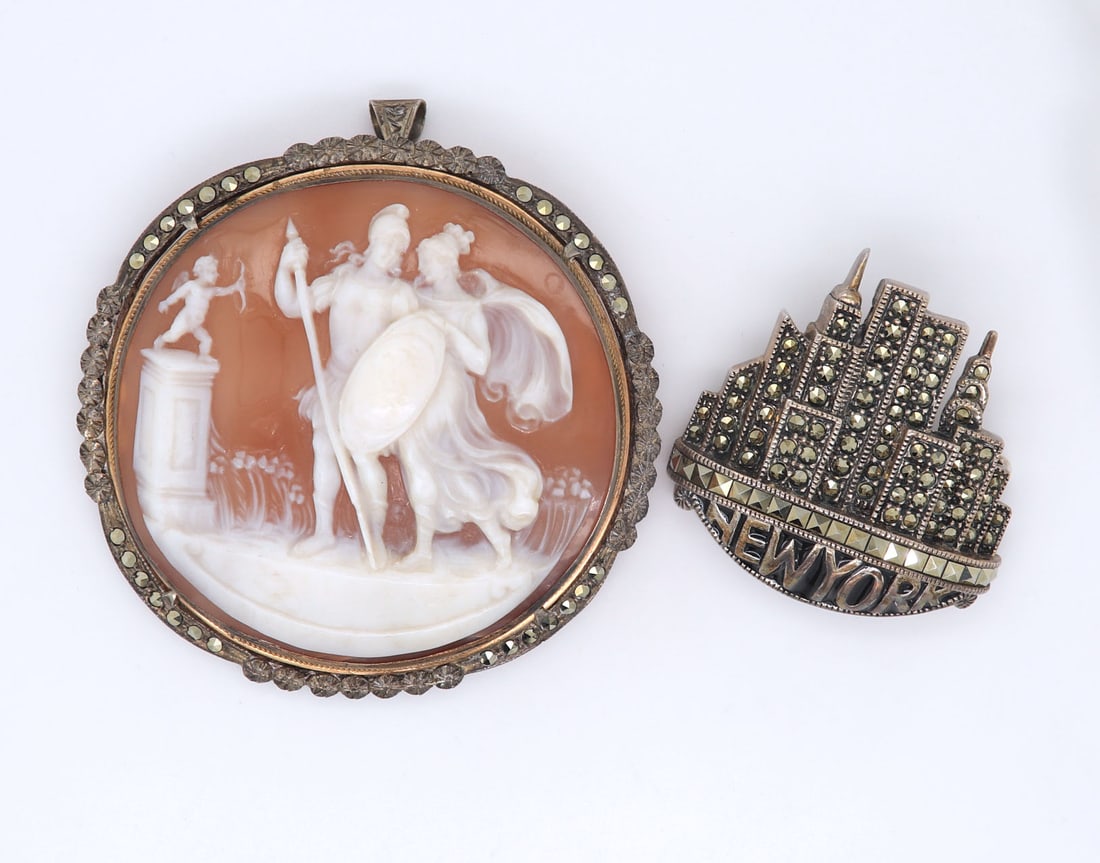 Cameo Pendant and Macasite New York Brooch in Sterling Silver (1 of 7)