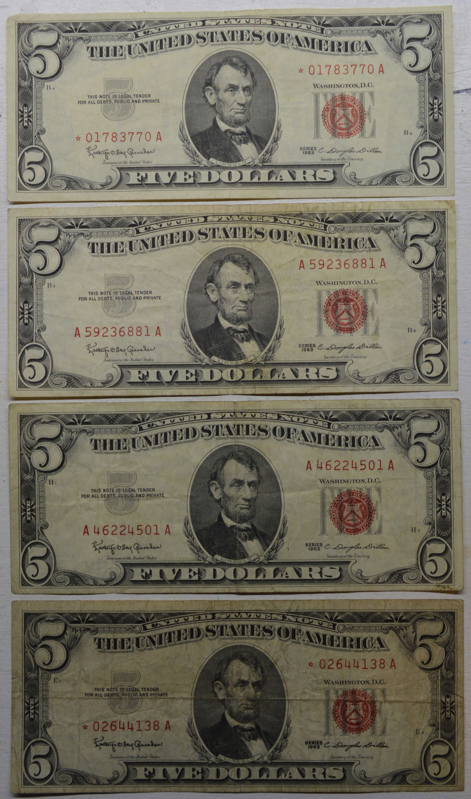1963 $2 Two Dollar Red Seal Lincoln Bank Note US Bill (lot of 4): 1963 $2 Two Dollar Red Seal Lincoln Bank Note US Bill lot of 4 Paper Currency. two star notes.