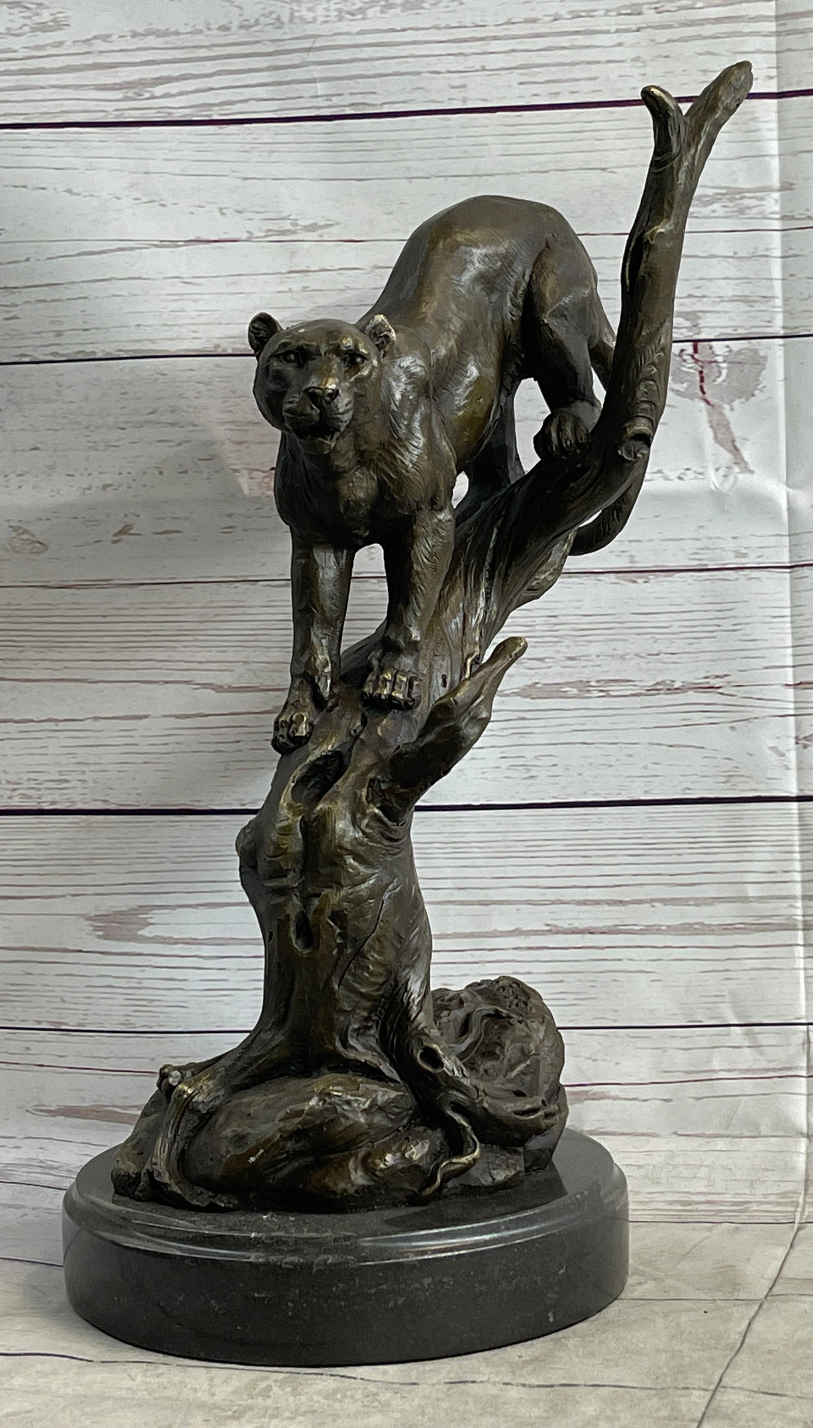 African Mountain Lion Leopard Cougar Bronze Statue on Marble Base Sculpture (1 of 2)