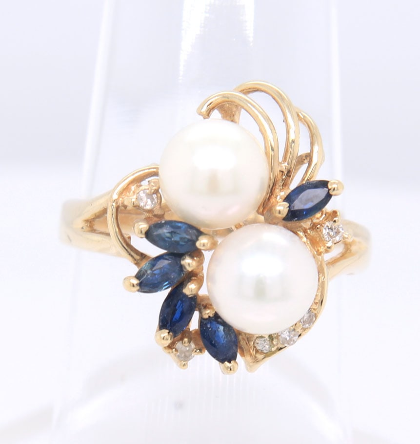 Fantastic Yellow Gold Marquise Blue Sapphire and Diamond and Pearl Cocktail Ring (1 of 4)