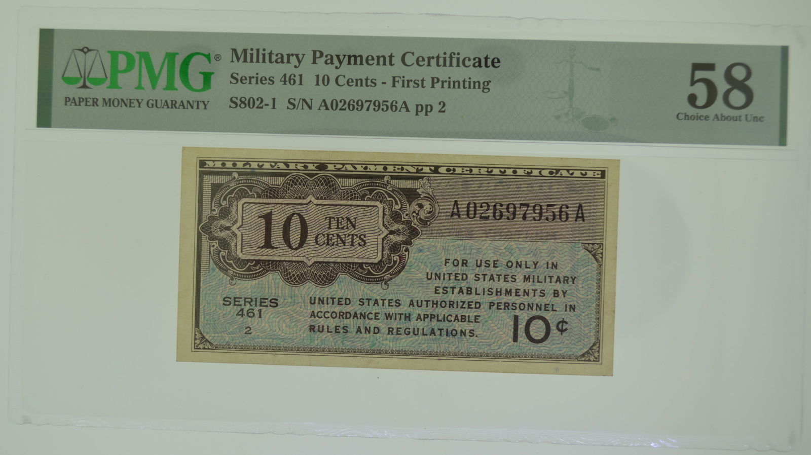 1946 Series 461-2 10 Cents Military Payment Certificate (1 of 2)