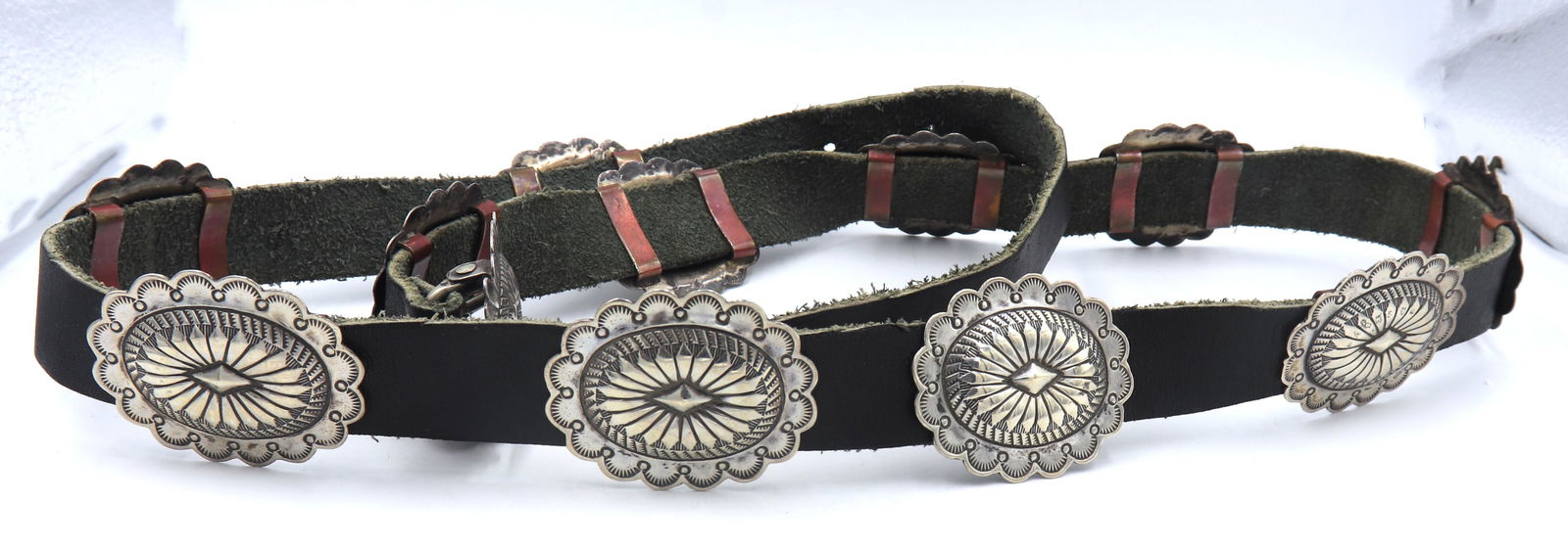 American Indian vintage 925 sterling silver belt with black leather strap (1 of 8)