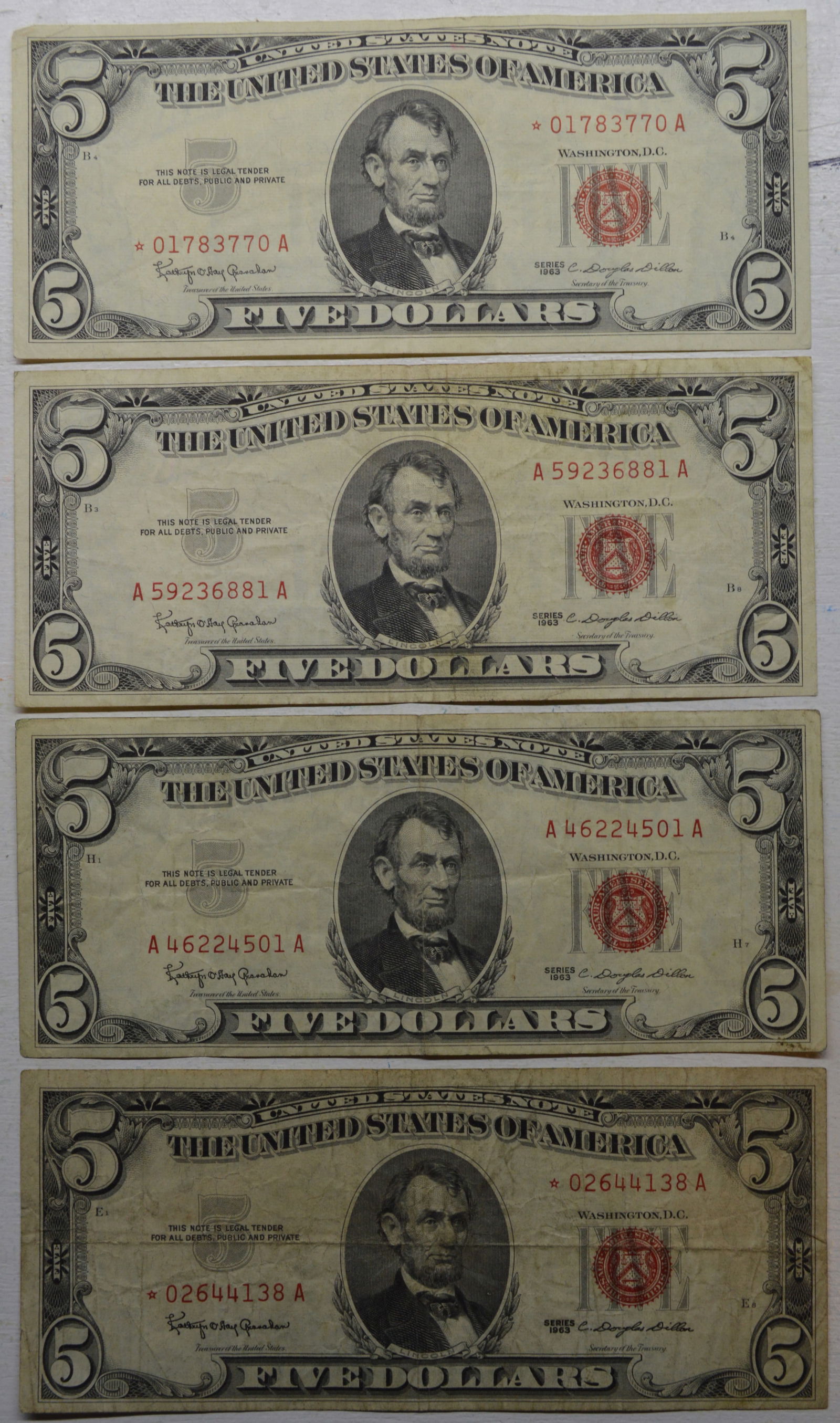 1963 $2 Two Dollar Red Seal Lincoln Bank Note US Bill (lot of 4) (1 of 2)