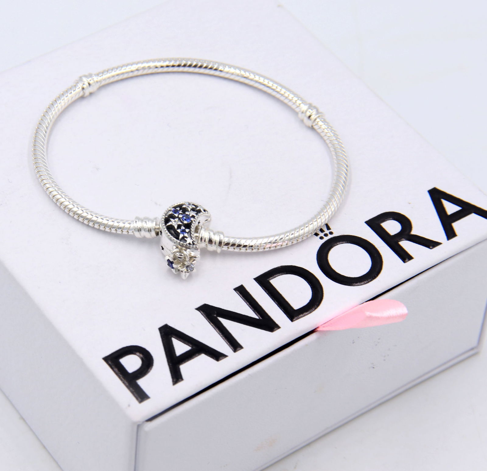 925 Sterling silver sparkling moon clasp snake chain bracelet (1 of 7)