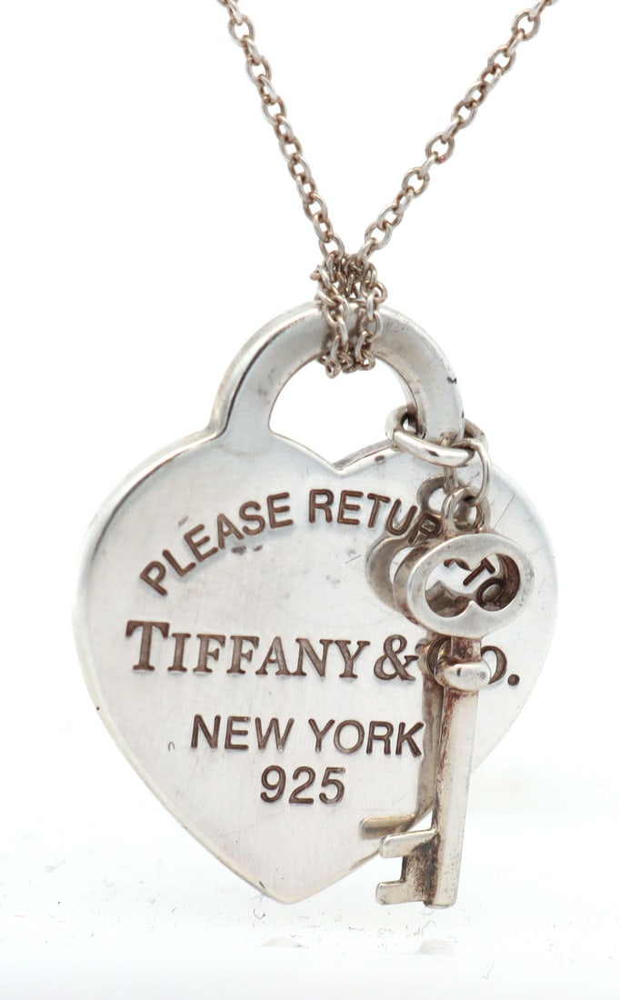 925 Sterling silver Tiffany & Co Heart and key pendant on chain necklace (1 of 6)