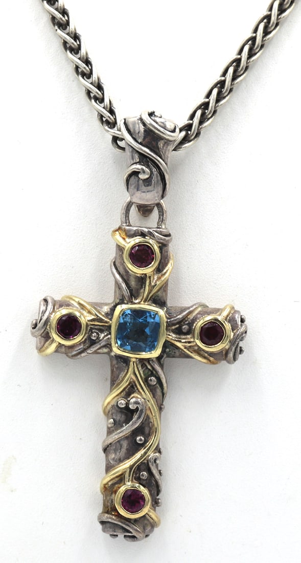 925 Sterling silver Cross pendant on Byzantine chain necklace (1 of 6)