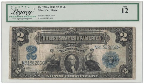 1899 $2 US Paper Money Two Dollar Silver Certificate Banknote F12 Fr. 258m LCG