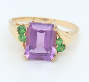 Great Yellow Gold Emerald Cut Amethyst Ring with Emerald Accents