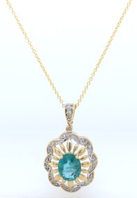 Attractive Yellow Gold Emerald and Diamond oval Pendant on Chain Necklace