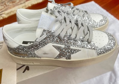 Golden Goose Woman's Sardan Sneakers with Silver Glitter