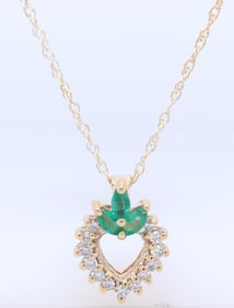 Charming Yellow Gold Emerald and Diamond Heart Shaped Pendant on Chain