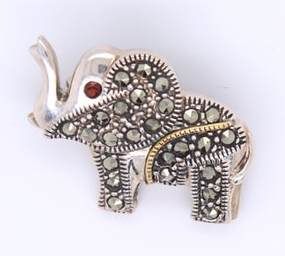 925 Sterling Silver Marcasite Elephant Brooch with Ruby Eye