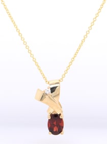 Fantastic Yellow Gold oval Garnet and Diamond Pendant on Chain