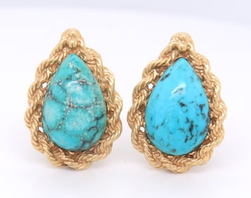 14kt Yellow Gold oval Turquoise Earrings with Rope Trim