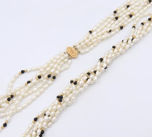 Black Onyx and Gold Ball Twisted Long Pearl Necklace